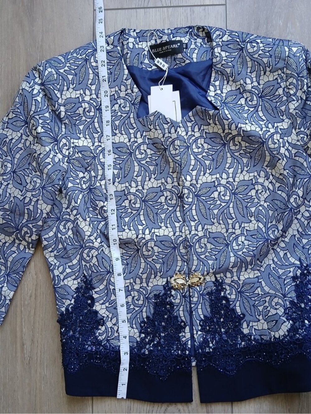 Elegant Navy Blue Lace Skirt Suit Set Size 46 Special Occasion 3-Piece Wedding - Picture 15 of 16